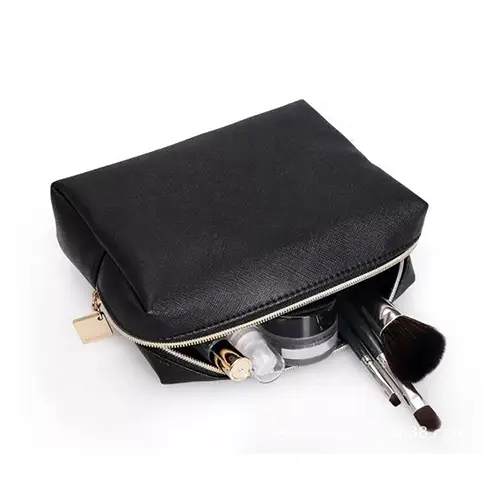 Wholesale Promotional Custom Logo Black Zipper Pu Leather Cosmetic Pouch Travel Makeup Bag